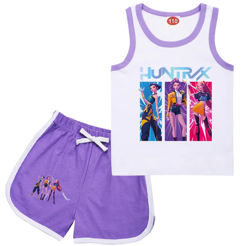KPop Demon Hunters Rumi Teens Clothes Summer T shirt Baby Girls Sleeveless Vest Top Shorts 2pcs Set Children Clothing 1-13 Years