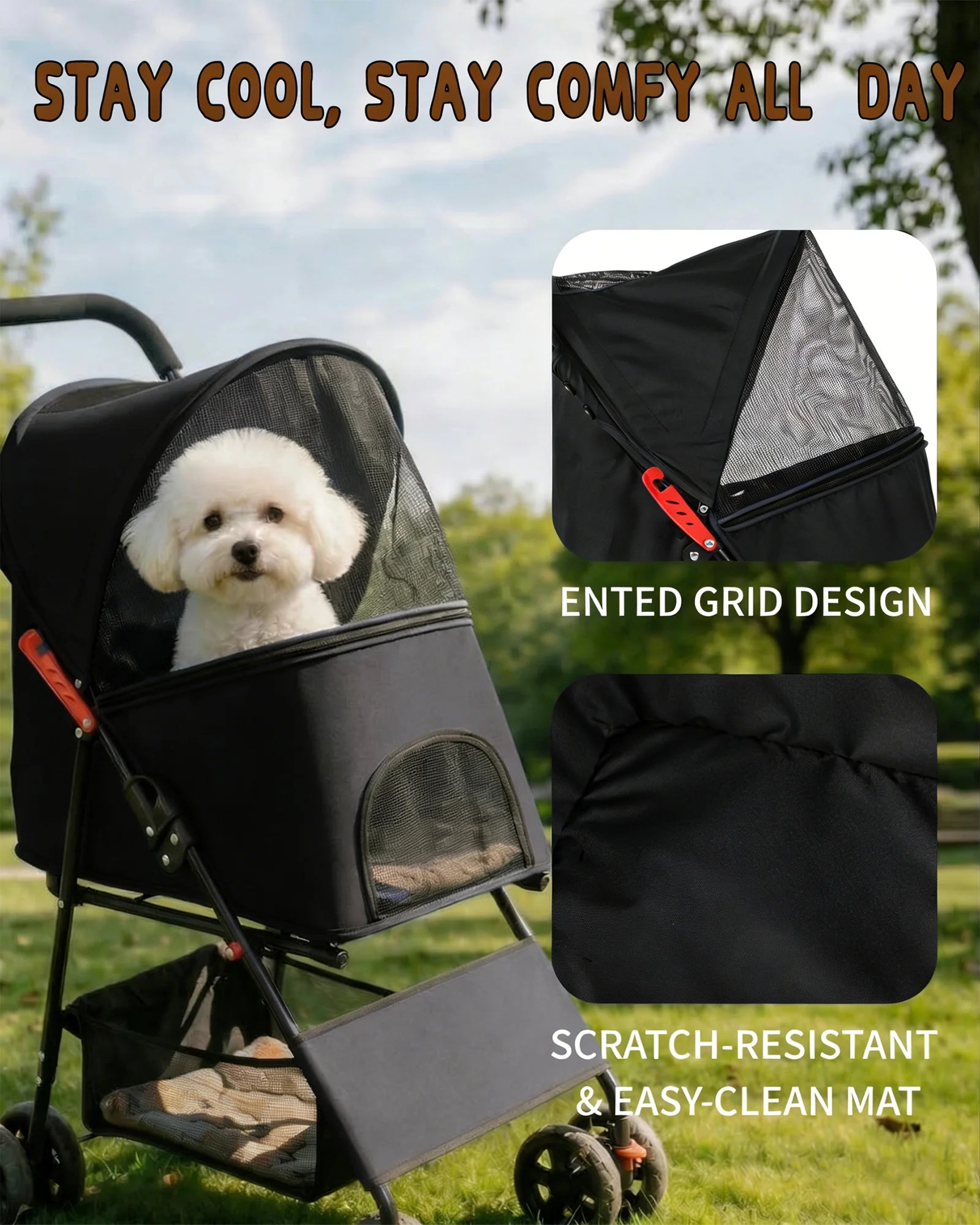 Lightweight Pet Stroller for Small Dogs Foldable 4 Wheel Dog Cat Stroller Portable Travel Pet Pram with Storage Basket