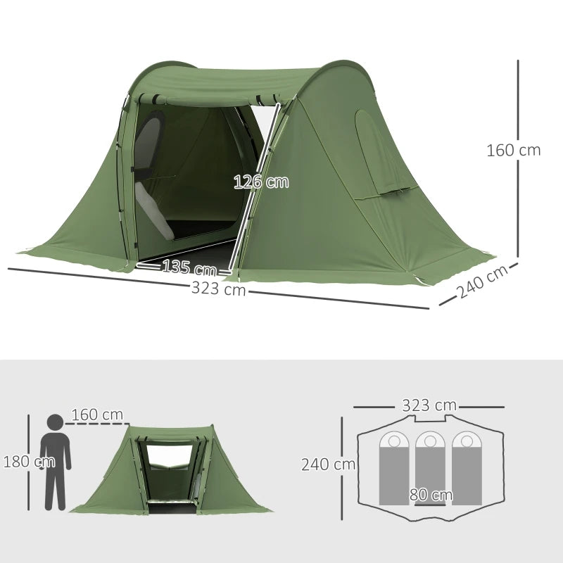 3 Man Camping Tent with Living Area and 2 Bedrooms,3000mm Waterproof Family Tent with Sewn-in Groundsheet,Green  ﻿