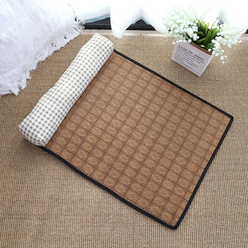 I YAN cat cooling mat with rattan weave design, self-cooling pet bed and sleeping pad for indoor cats and dogs in summer.
