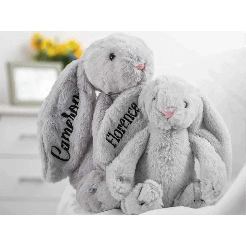 Soft personalized Shy Bunny plush toy by I YAN with custom embroidered name, 40cm rabbit doll for gift-giving.