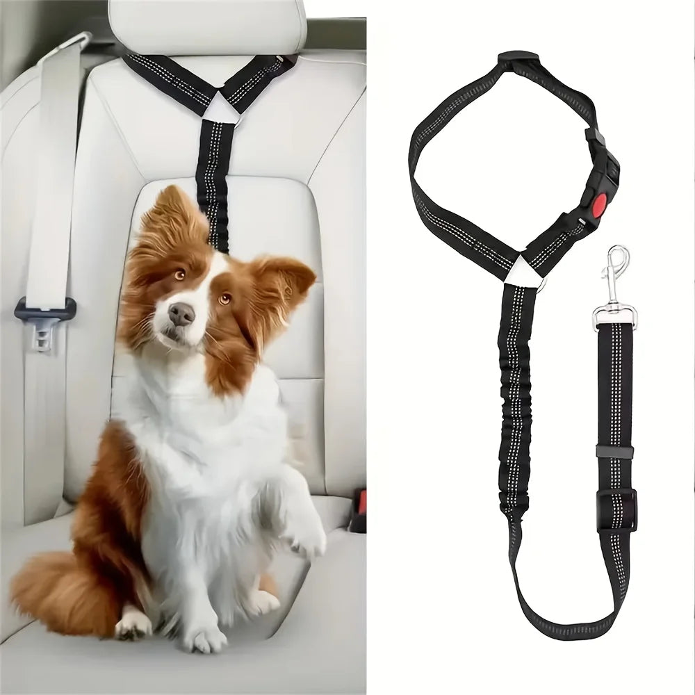 Elastic retractable dog leash with car seat belt attachment by I YAN, featuring a secure, flexible design for safe car travel with pets.