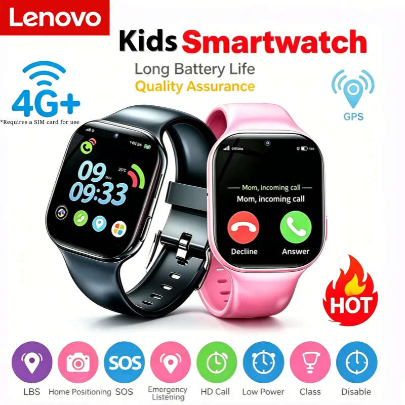 Lenovo Kids Smart Watch by I YAN with GPS, camera, waterproof design, SOS, and call features for children.