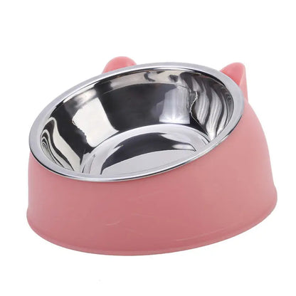 Set of 1, 2, or 5 stainless steel cat and dog food bowls with inclined design for easy feeding and drinking for pets.