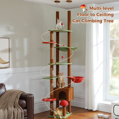 Adjustable brown cat tree with condo, hammock, and scratching post, designed for indoor cats to climb and relax.