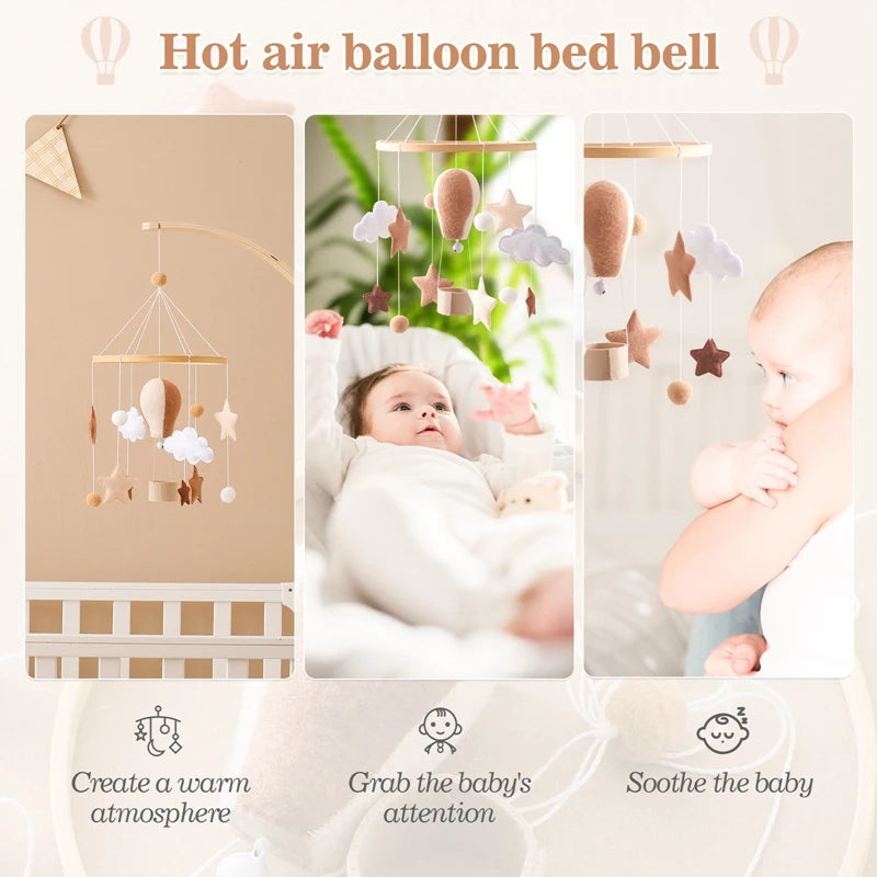 Hot Air Balloon Wooden Baby Crib Mobile – Musical Bed Bell & Rattles for Newborns 0–12M - I YAN