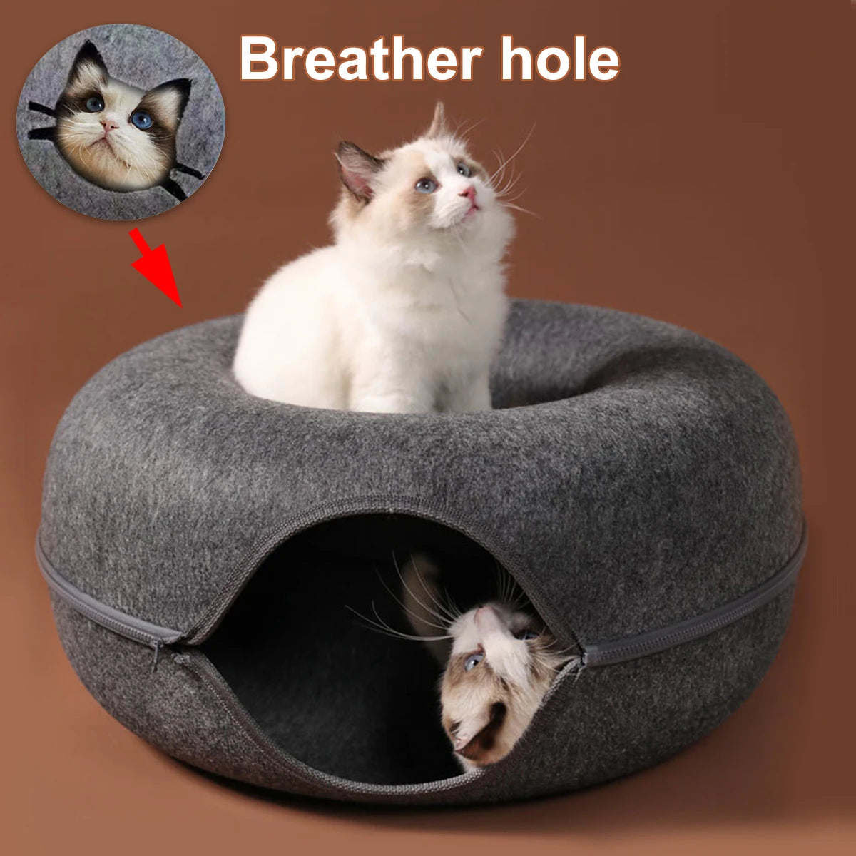 Interactive round felt cat tunnel bed and scratcher, small donut-shaped house for kittens and cats by I YAN
