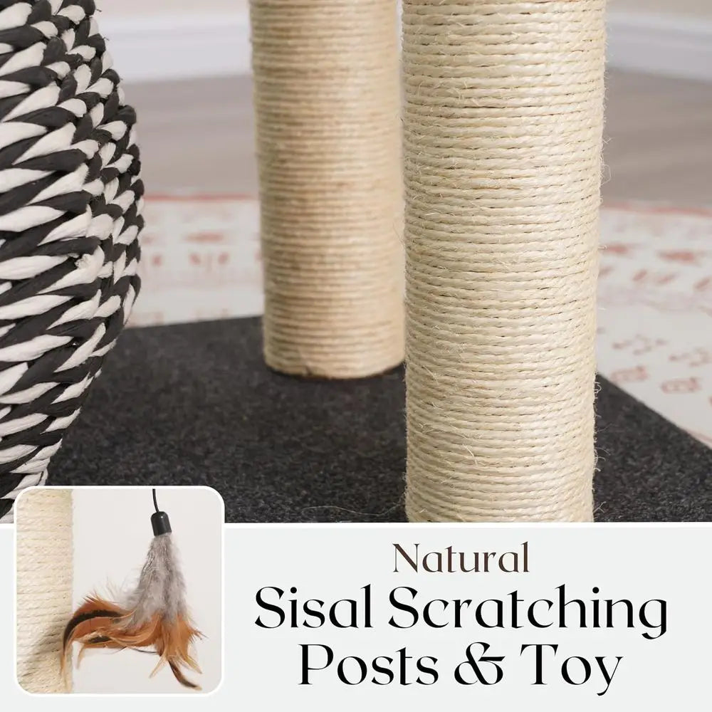 Handwoven Cat Tree with Condo, Top Bed & Sisal Posts - 2 Platforms, Recycled Paper Rope, Replaceable Sisal, Black & White