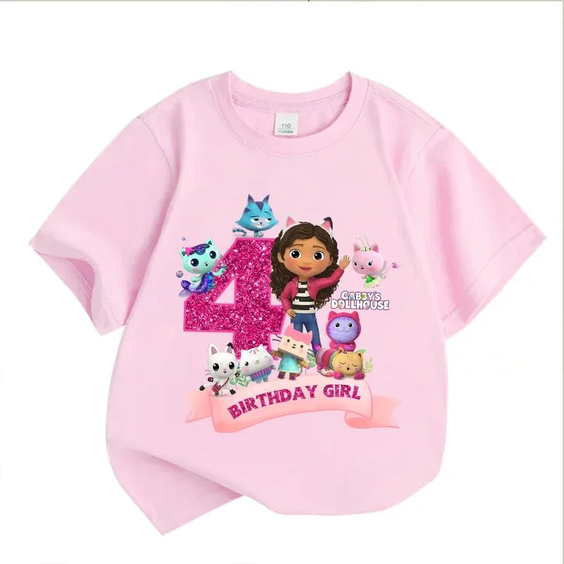 Gabbys Dollhouses Birthday Number T-shirt Girls White Pink Short Sleeve T-shirts Tops Cotton Summer Casual Party Supplies Tee