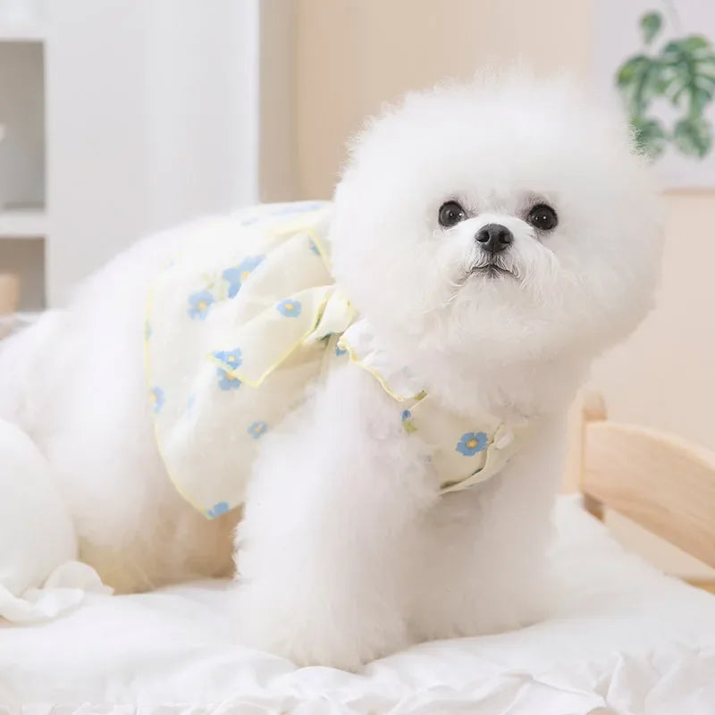 Cute pink mesh dog princess dress with lace and bow for small dogs like Chihuahua and Poodle, by I YAN.