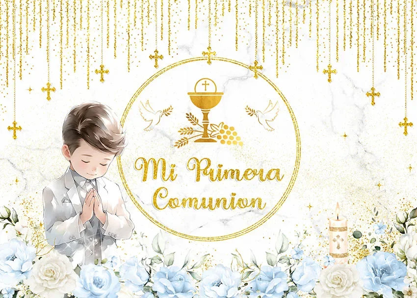 First Holy Communion Backdrop Gold Dots Flowers Gold Cross Boy or Girl My Baptism Party Decor Kids God Bless Photo Background