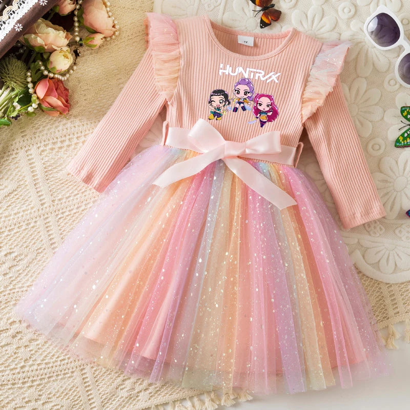 K-Pop Hunters Rainbow Princess Dress for Girls Sequin Birthday Party Mesh Dress for Baby Casual Long Sleeve Girls Dresses 1-5Y