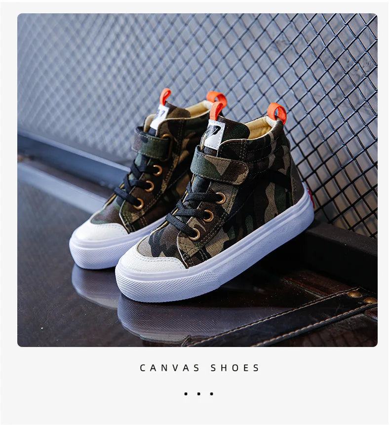Spring Autumn Canvas Board Shoes Children Camouflage Flat Bottom Casual Shoes Boys Girls High Top Breathable Kid Sprint Sneakers