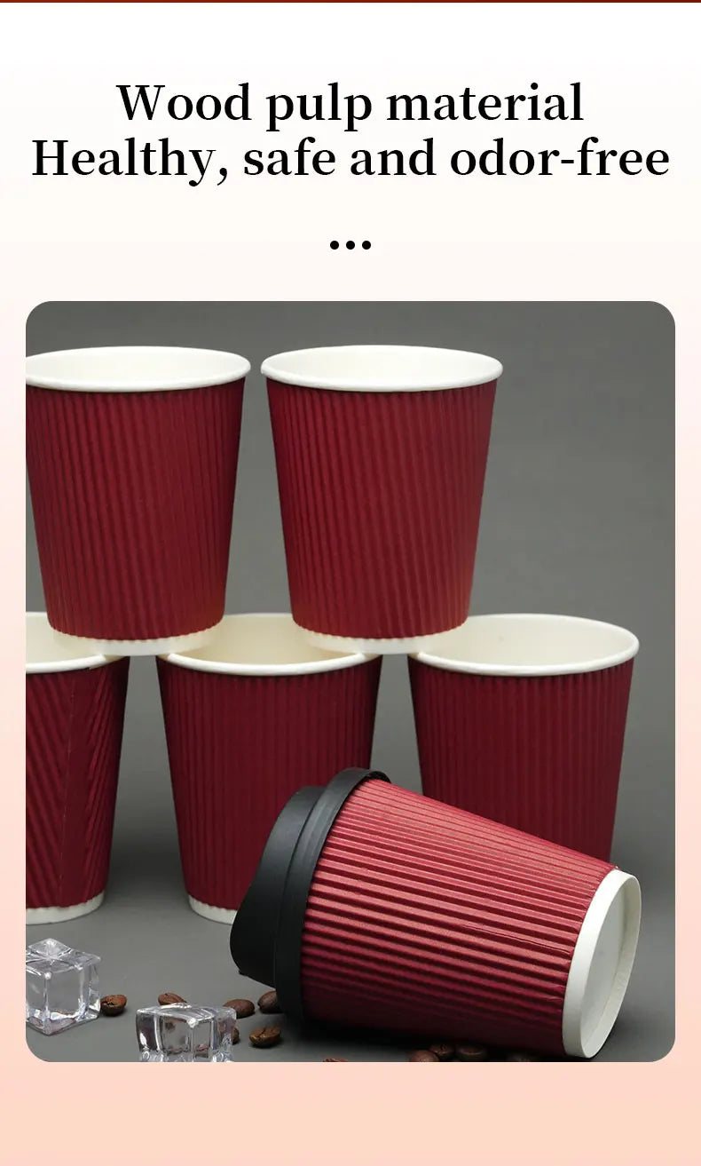 30pcs 8oz  Double-Walled Insulated Corrugated Cardboard Coffee Cups Thickened Disposable Striped Portable Paper Cups With Lids