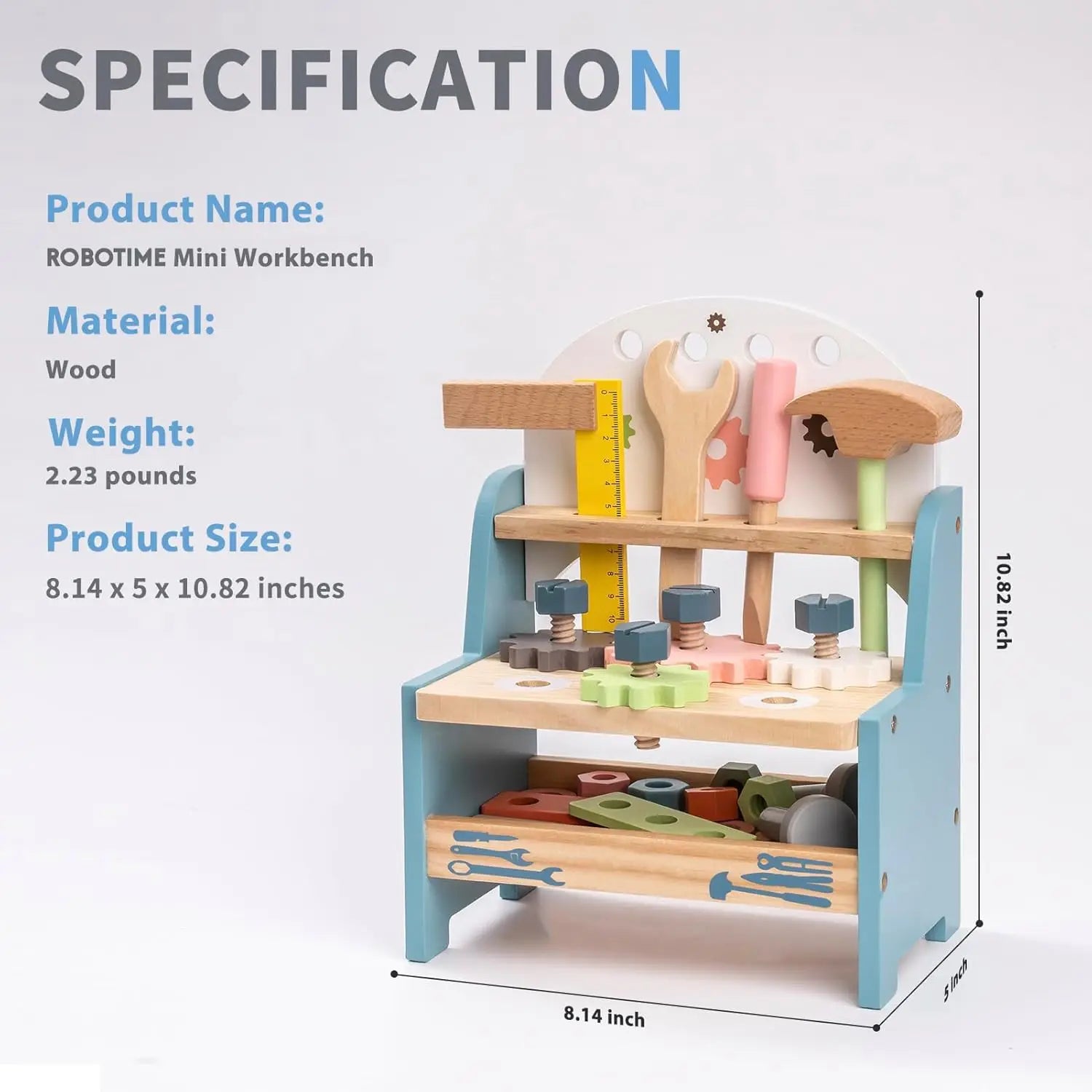 Mini wooden workbench toy set by I YAN featuring tools for pretend play, educational construction toys for boys and girls.