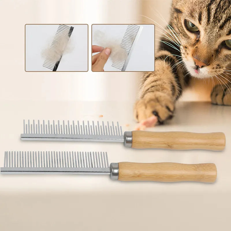 Stainless steel cat and dog comb with wood handle for grooming and pet hair removal, I YAN pet grooming tool.