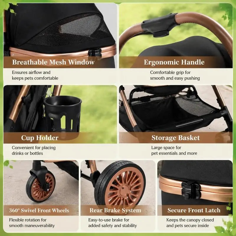 Black 3-in-1 foldable pet stroller with canopy and safety belt for small to medium dogs and cats, portable outdoor travel gear.