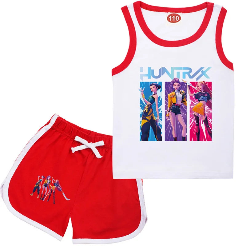 KPop Demon Hunters Rumi Teens Clothes Summer T shirt Baby Girls Sleeveless Vest Top Shorts 2pcs Set Children Clothing 1-13 Years
