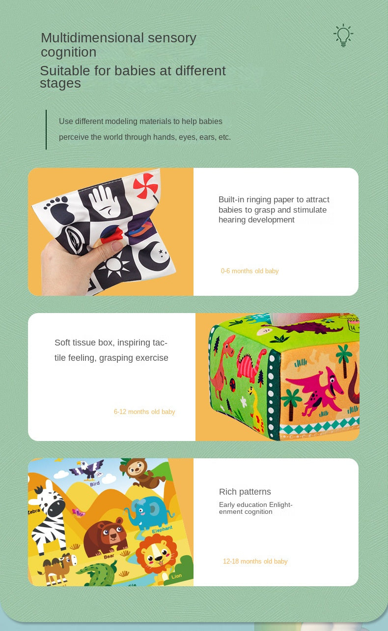 Baby Montessori sensory tissue box by I YAN, featuring colorful tissue slots for fine motor skill development in infants.