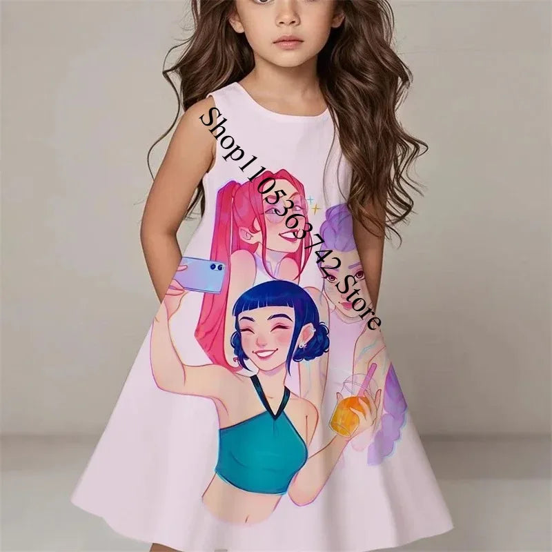 Girls Demon Hunters Kpop Dress 2026 Summer Kids Print Casual Beach Sleepwear  FashionKids Birthday Party Cosplay Costume 3-12Y