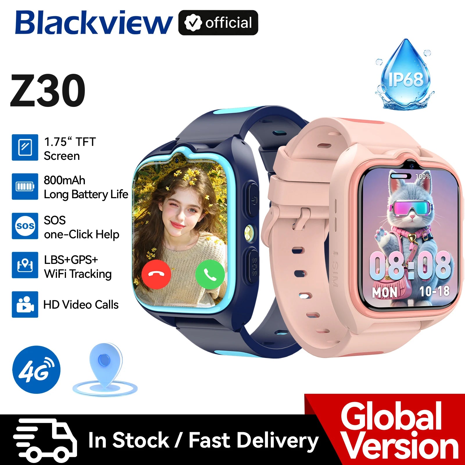 I YAN Blackview Z30 kids smartwatch with GPS, WiFi, 4G video call, and AI positioning, shown with screen displaying watch interface.