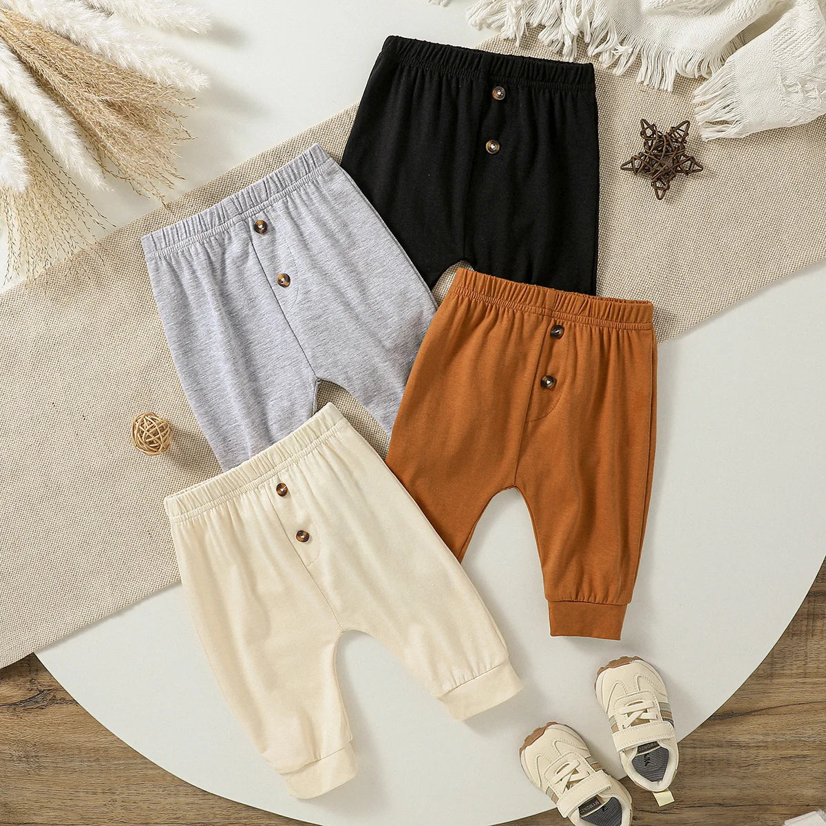 4Pcs All Seasons Infant Baby Boy Girls Unisex Clothes Solid Color Pants Button Trousers For Newborn 0-1Y