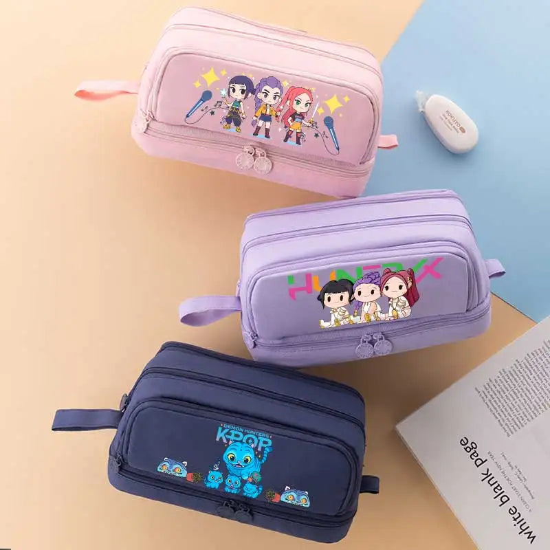 I YAN Kpop Demon Hunters pencil case with double-layer design, anime-inspired stationery bag for kids' school supplies