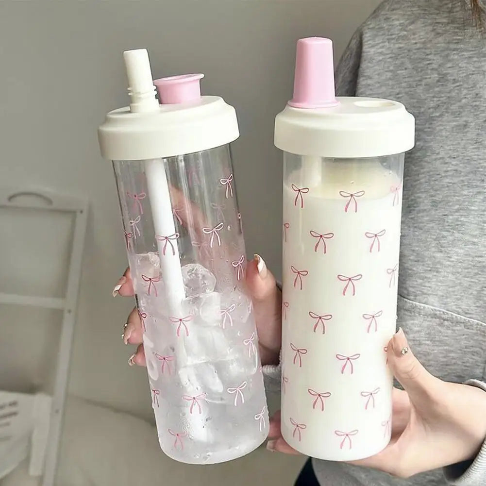 Pink Bow Tumbler Transparent Straw Water Cup Cute Portable Water Bottle For Outdoor School Drinking Water Bottles ﻿