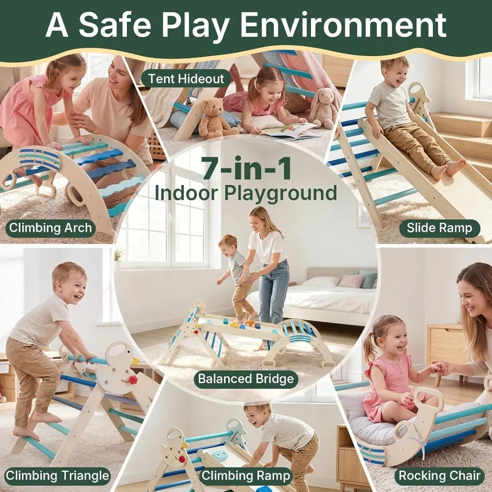 Foldable Montessori wooden Pikler triangle set for toddlers with arch, slide, and ladder for indoor climbing and play by I YAN.