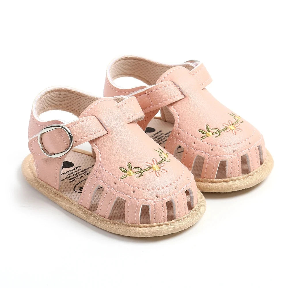Newborn Baby Girl Sandals Summer Embroidered Leisure Comfortable Lightweight Floral Soft Sole Wrap Toe Sandals For 0-18M