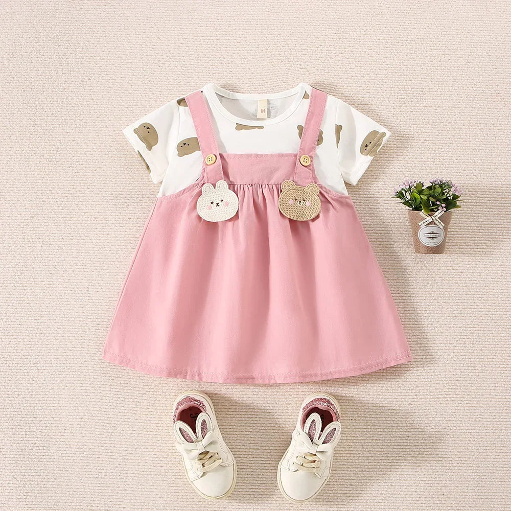 Summer baby girl cotton dress by I YAN with teddy bear print, short sleeves, and strap design, cute two-piece style.
