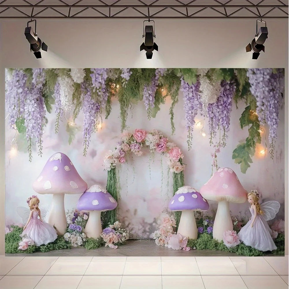 1 fantasy fairy photography background with purple mushrooms, charming forest atmosphere, and whimsical party decorationsL