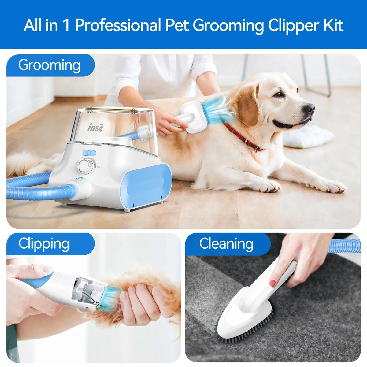 INSE P30 Pet Grooming Vacuum Kit by I YAN with ultra-quiet operation, 4.5L dust box, and 5-stage filtration system.