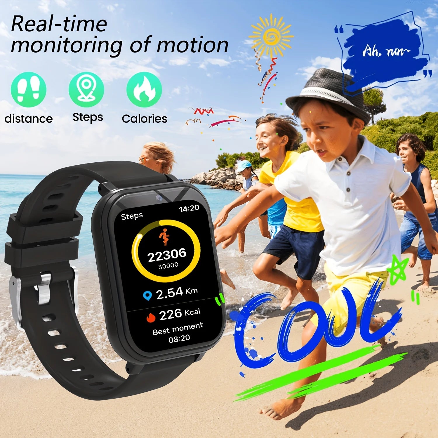 Youngsters' I YAN smartwatch with HD touchscreen, camera, puzzle games, music player, pedometer, and flashlight for kids ages 6-12.