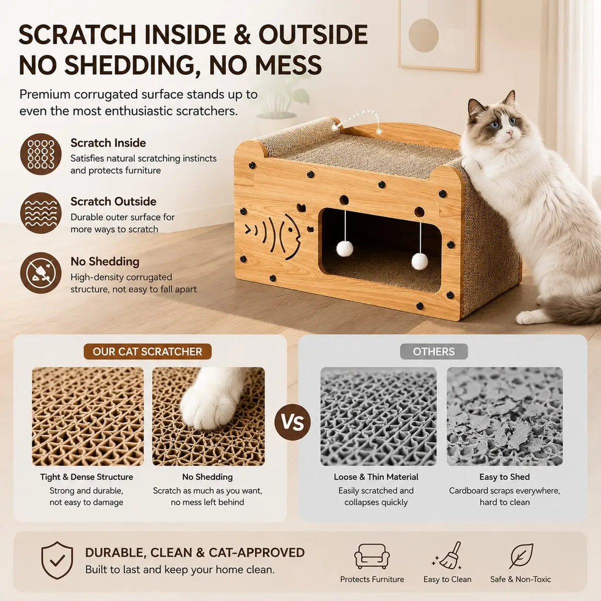 Double layer cardboard cat scratcher lounge with pom-pom toys from I YAN, featuring a cozy hideaway and playful scratching surfaces.
