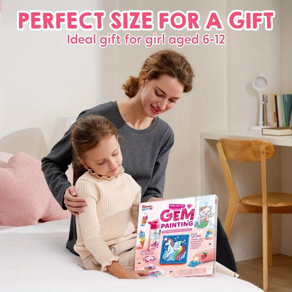 Joyfy 16 Projects Gem Painting Kit by I YAN showing colorful diamond gems and craft activity for kids ages 6-12.