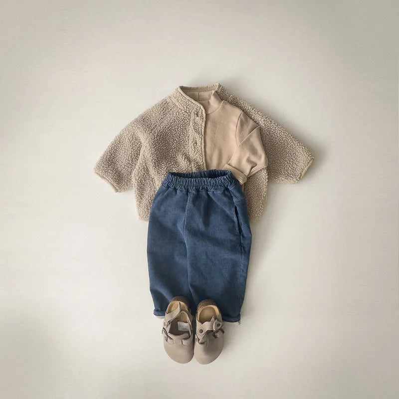 5125 Korean Children's Clothing 2024 Winter Boys and Girls Pure Color Lamb Wool Coat Plus Velvet Padded Jackets