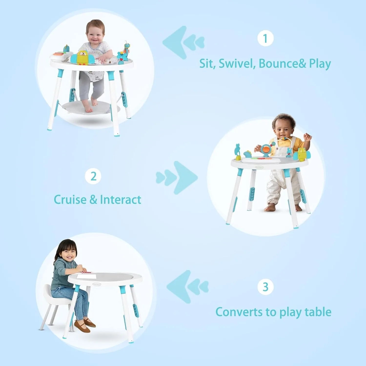 I YAN 3-in-1 baby activity center with detachable toys and 360-degree rotating seat for toddler development and entertainment.