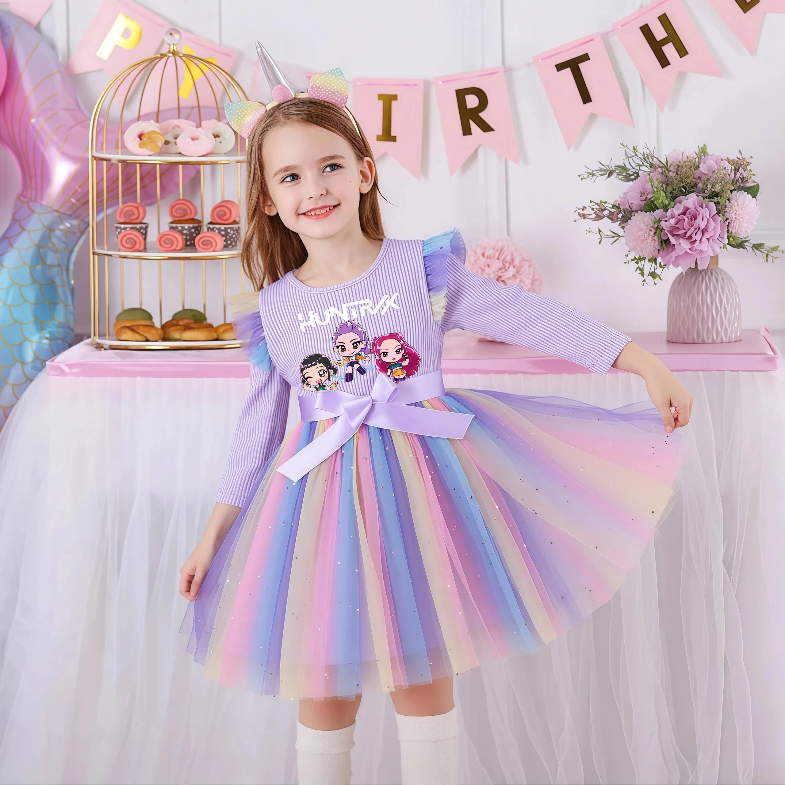 K-Pop Hunters Rainbow Princess Dress for Girls Sequin Birthday Party Mesh Dress for Baby Casual Long Sleeve Girls Dresses 1-5Y