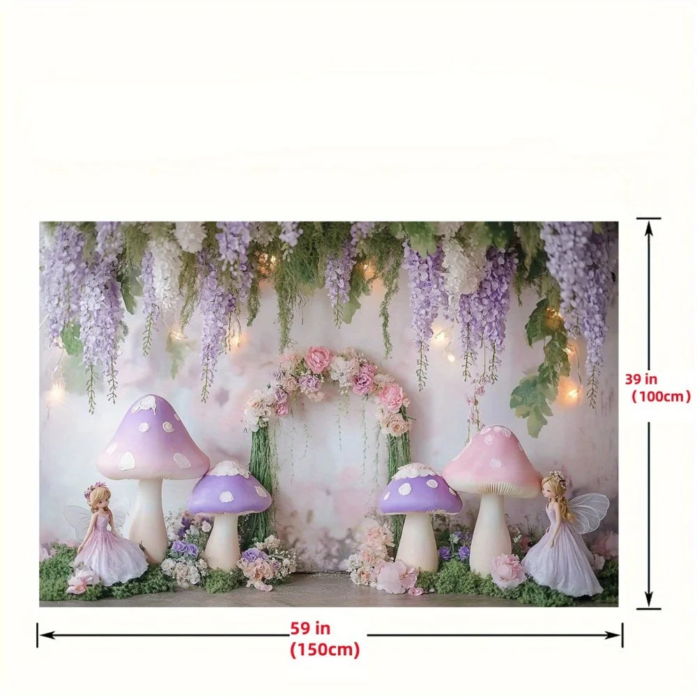 1 fantasy fairy photography background with purple mushrooms, charming forest atmosphere, and whimsical party decorationsL