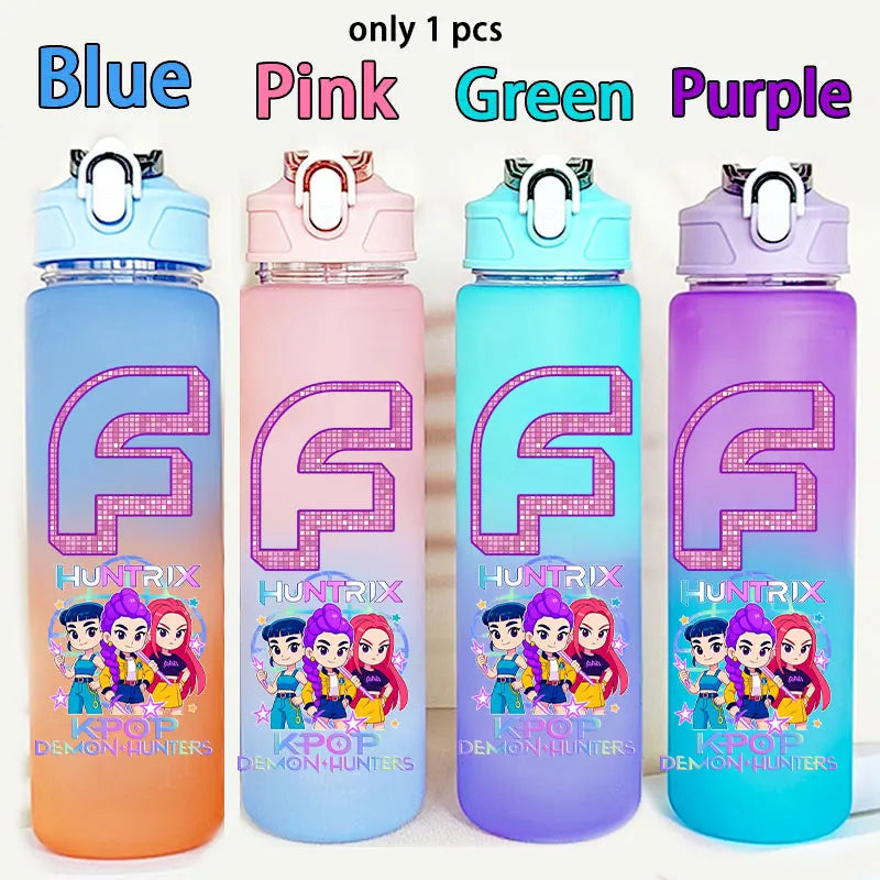 Kids water bottle featuring Demon Hunters design by I YAN, 750ml capacity, ideal for school and active use.