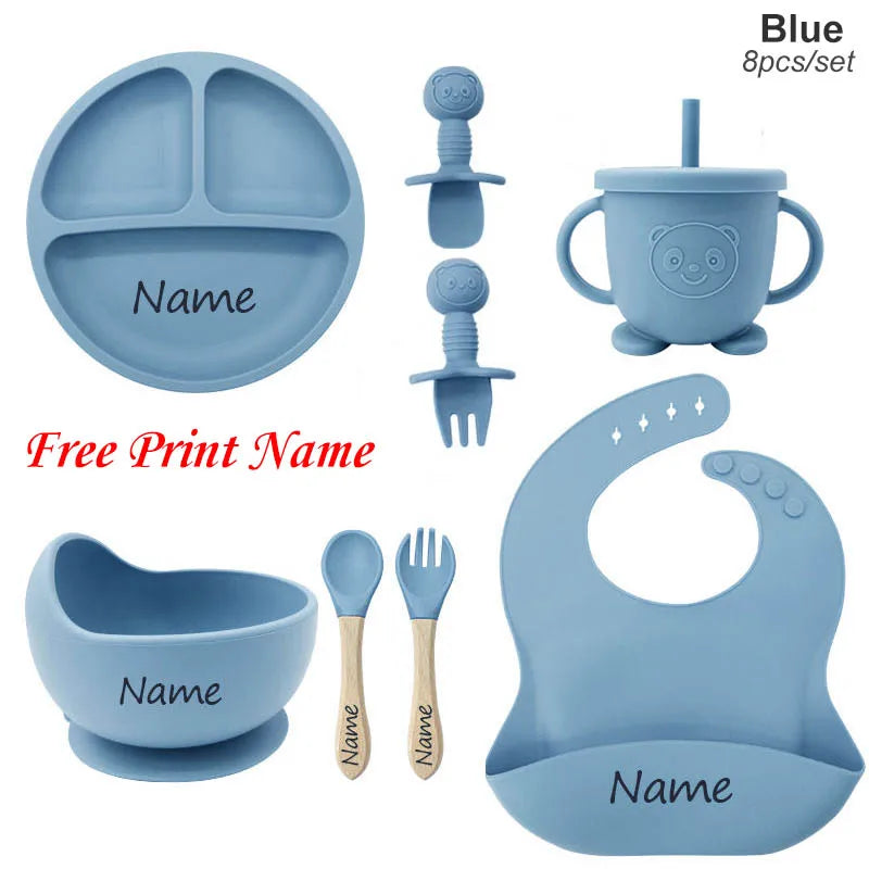 Personalized Baby Feeding Set 8-Piece – Silicone Plate Bowl Cup & Bib with Free Name Print - I YAN