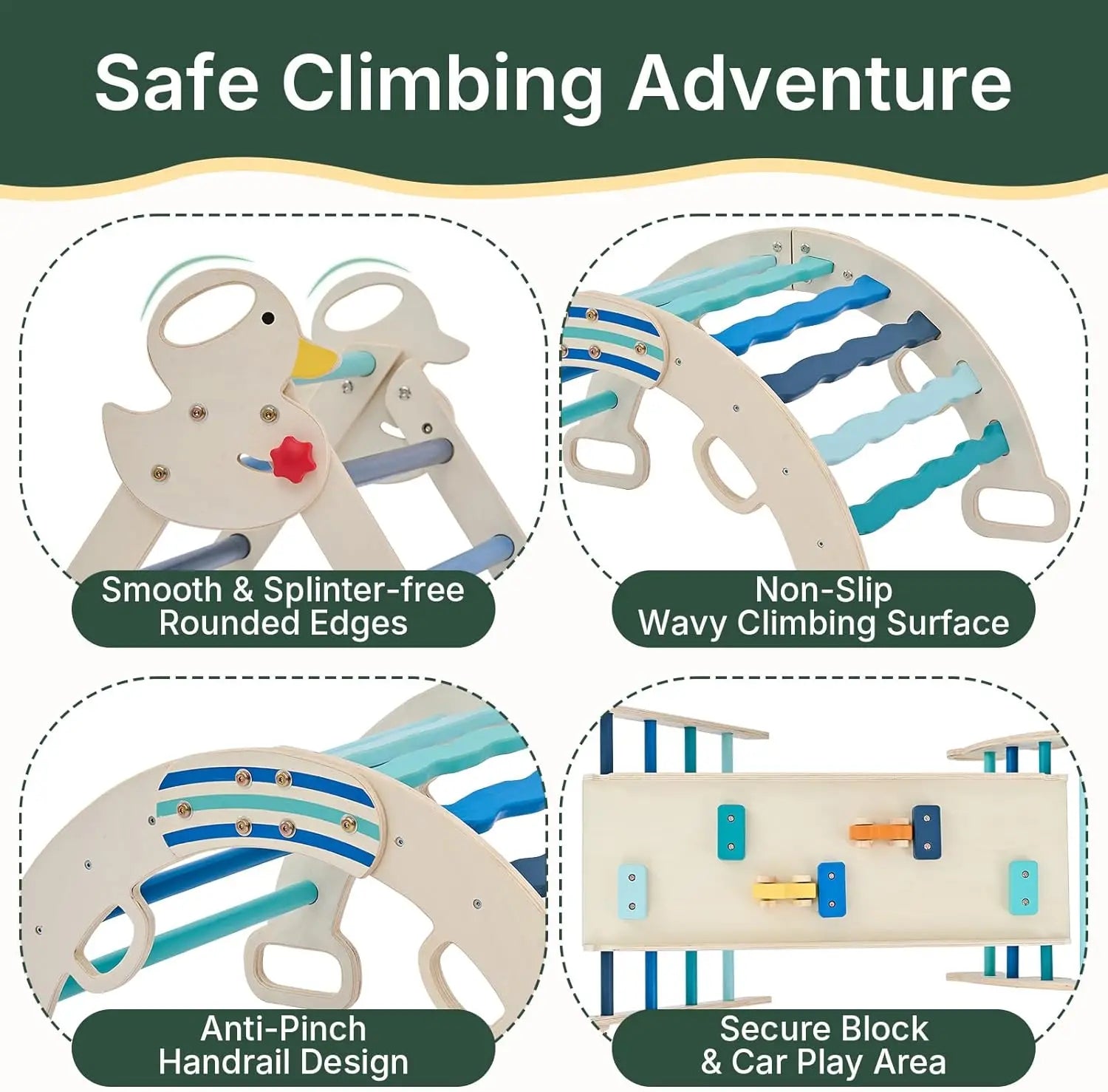 Foldable Pikler Triangle set by I YAN, Montessori wooden climbing toy with arch, slide, and ladder for toddlers indoor play.