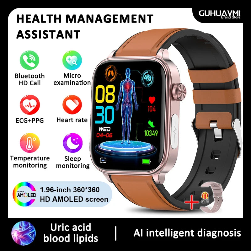 2026 New Blood lipids Uric Acid testing Smart Watch Men ECG+PPG Blood Pressure blood oxygen Bluetooth Call Health smartwatch iOS