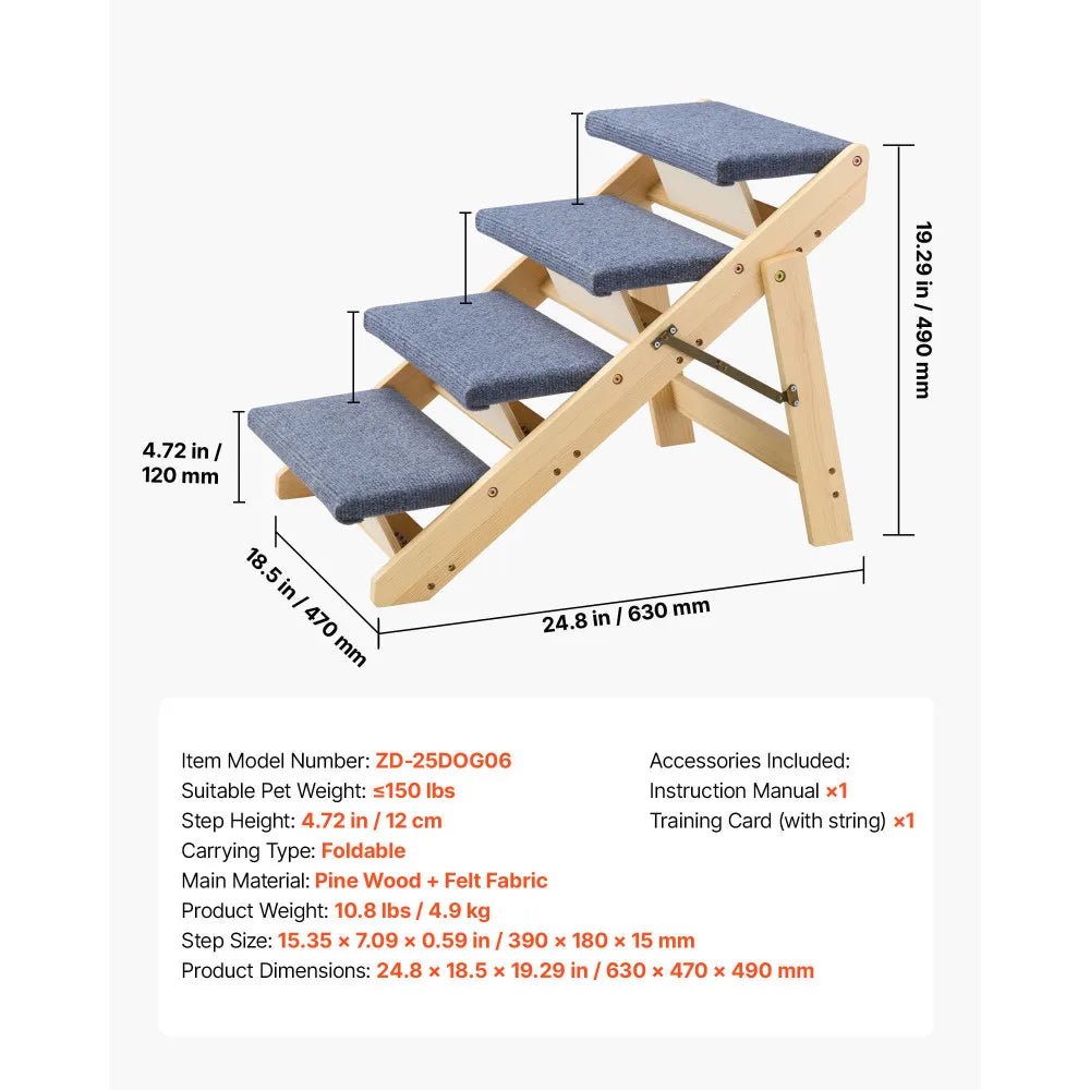 I YAN 4-step wood pet stairs for dogs and pets, folded flat, sturdy ladder for beds, sofas, and cars, supports up to 150lbs
