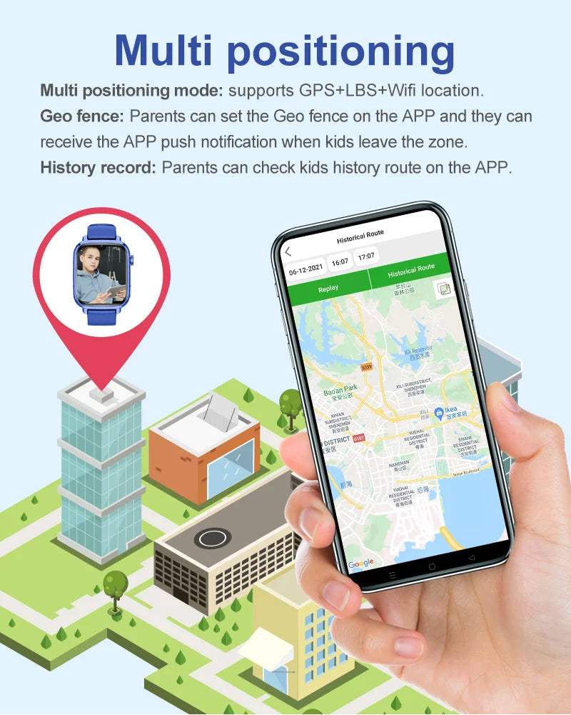 I YAN Wonlex KT34 kids' smart smartwatch with GPS tracker, 4G WiFi, video call, and WhatsApp compatible, shown with screen details.
