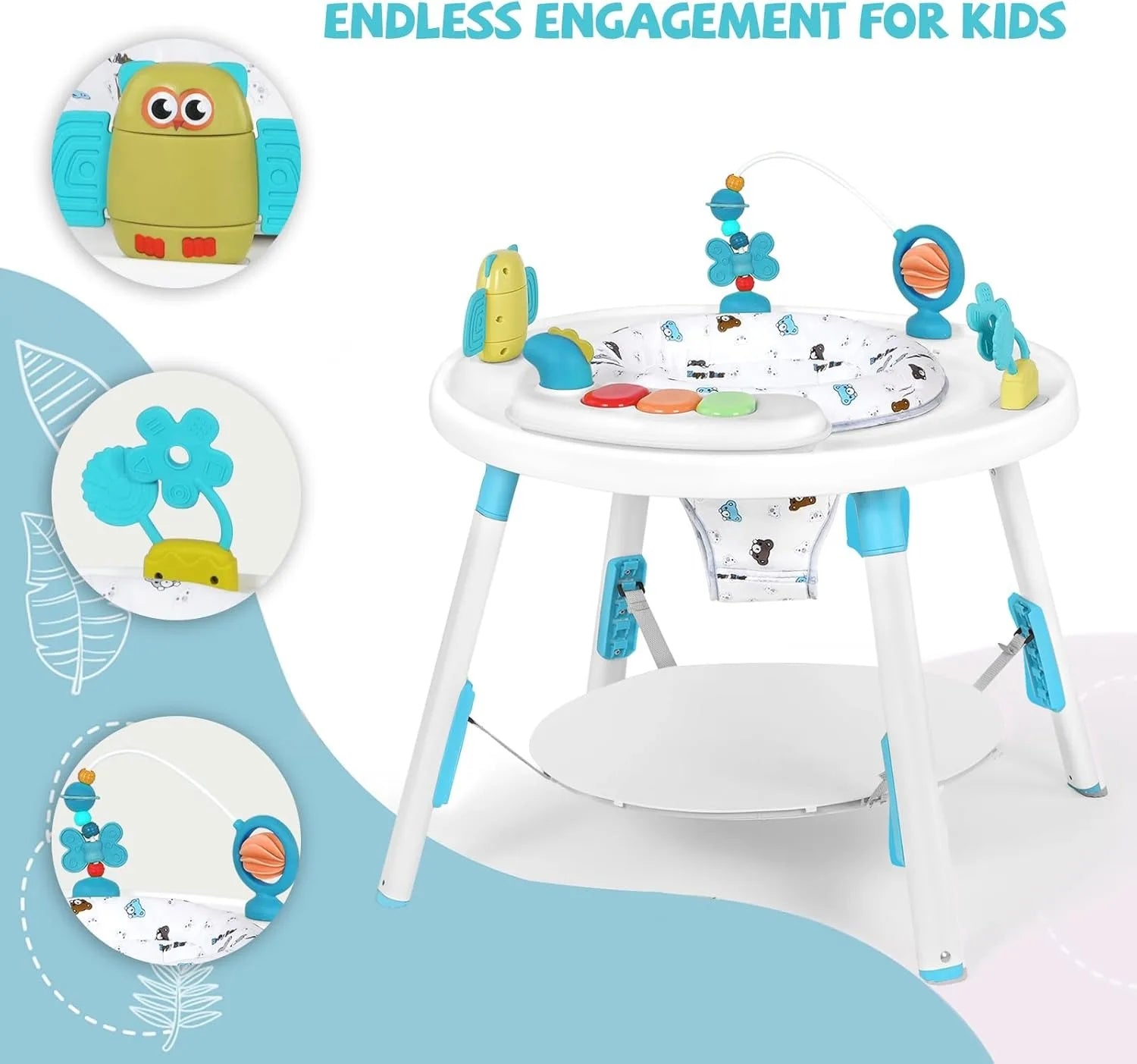 I YAN 3-in-1 baby activity center with detachable toys and 360-degree rotating seat for toddler development and entertainment.