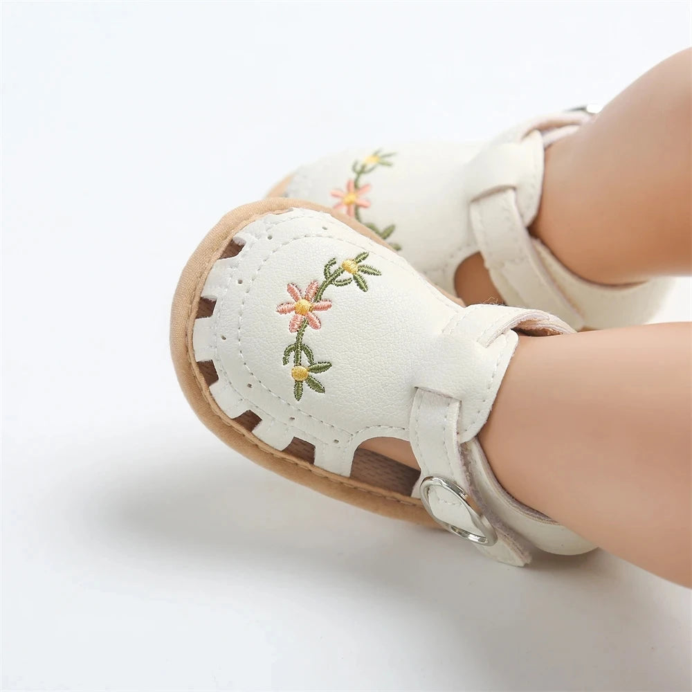Newborn Baby Girl Sandals Summer Embroidered Leisure Comfortable Lightweight Floral Soft Sole Wrap Toe Sandals For 0-18M