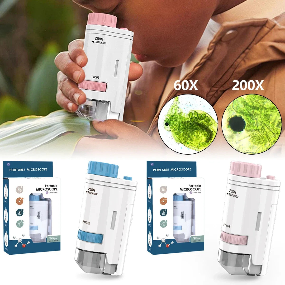 80X-200X Pocket Microscope Electric Mini Microscope with LED Light High Definition Children Microscope for Observation Learning