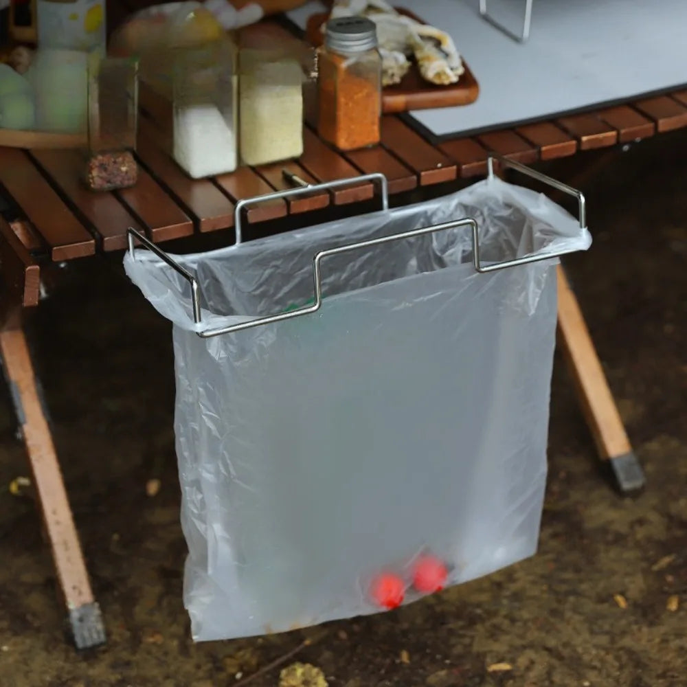 Portable Stainless Steel Camping Trash Holder - Foldable Table Stand for Picnic, BBQ & Outdoor, Eco-Friendly Garbage Bag Rack